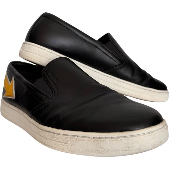 Prada Linea Rossa Black Leather Slip-On Sneakers w/ Yellow Arrow Italy 7.5 main image 7